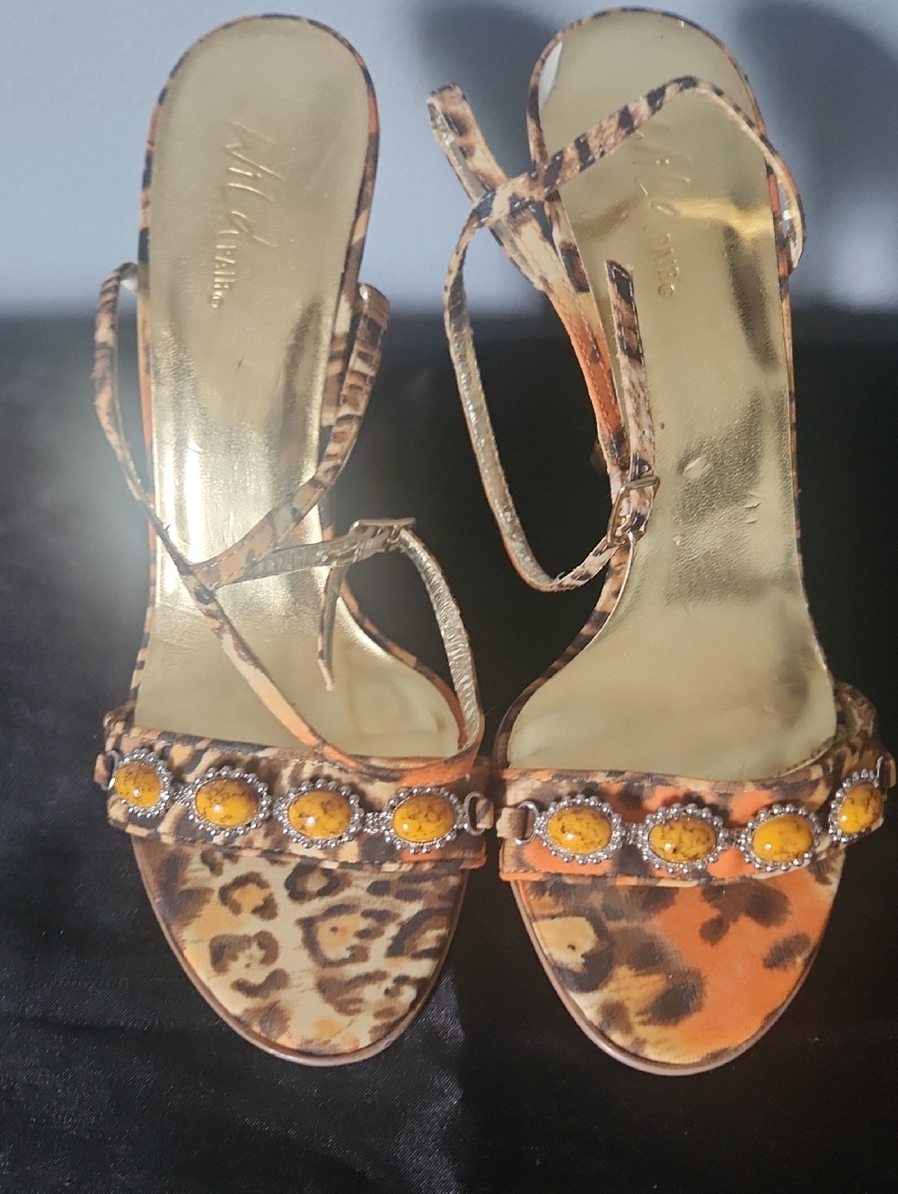 Wild Pair Leopard Print Strappy Heels with Yellow Bead Accents